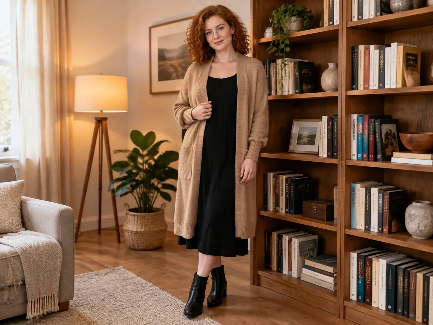 Adult person in a cardigan over a dress
