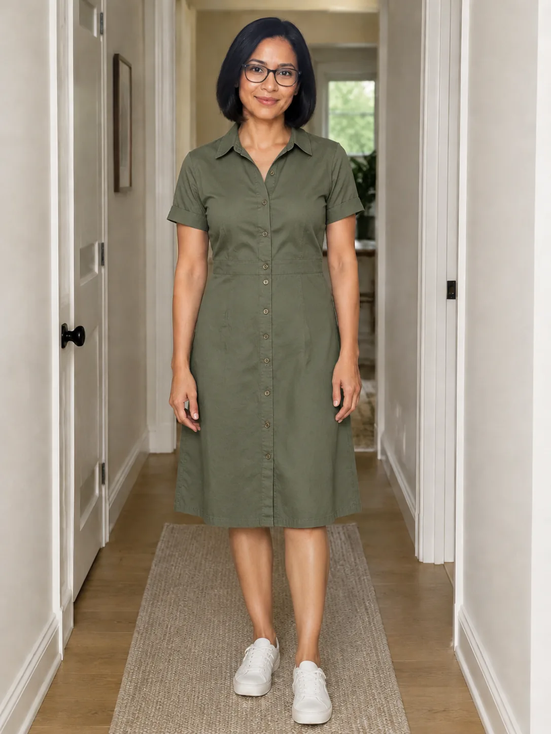 The same woman in an olive shirt dress