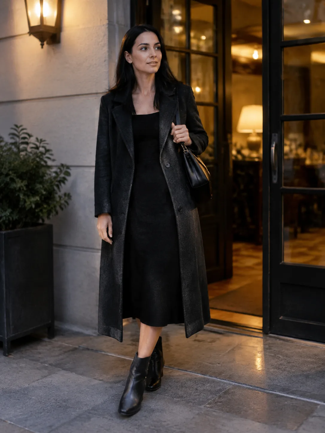 Adult woman in a black dress and long coat