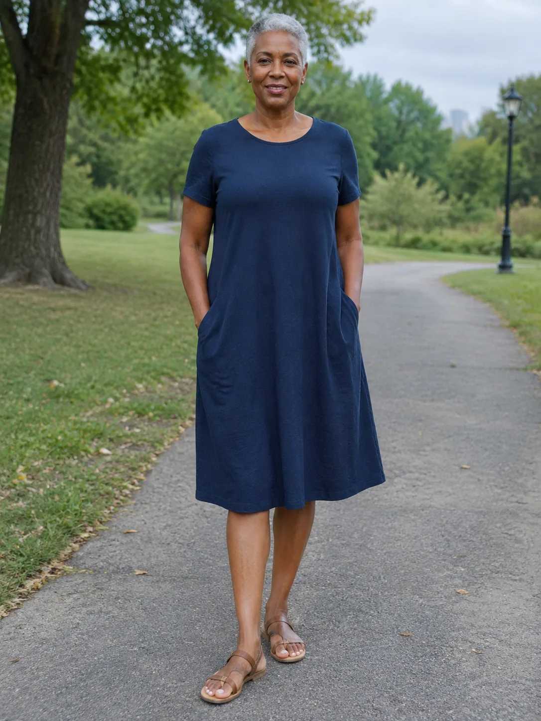 Adult woman in a navy day dress with pockets