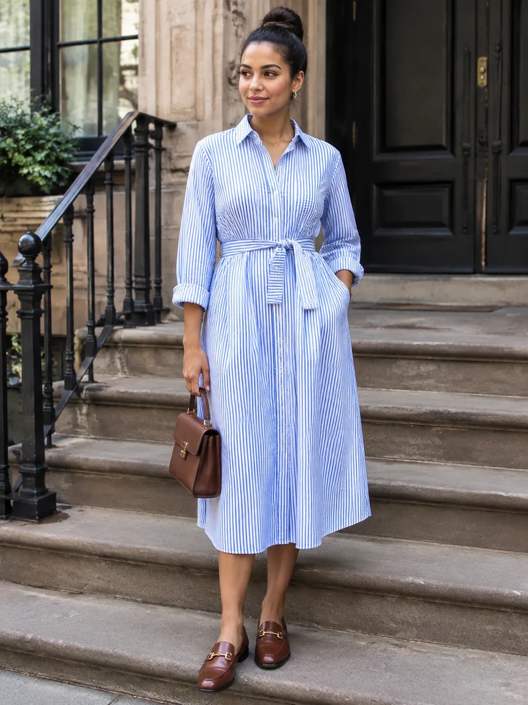 Adult person in a long striped shirtdress