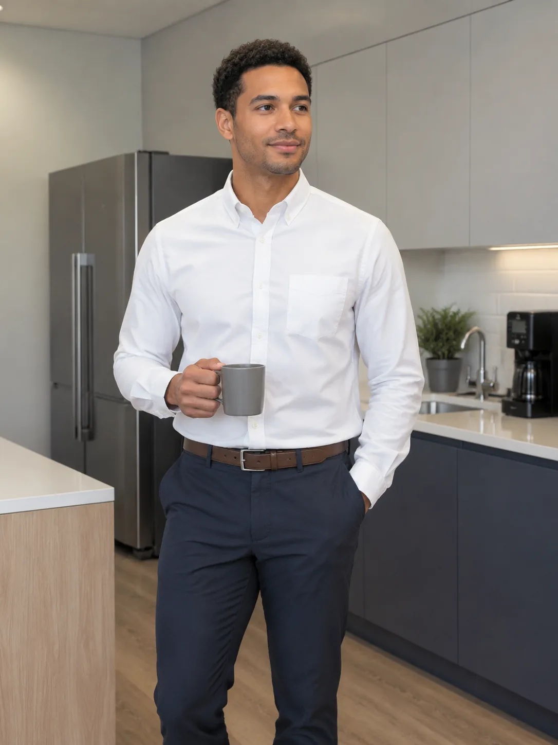 Adult man in a white oxford shirt
