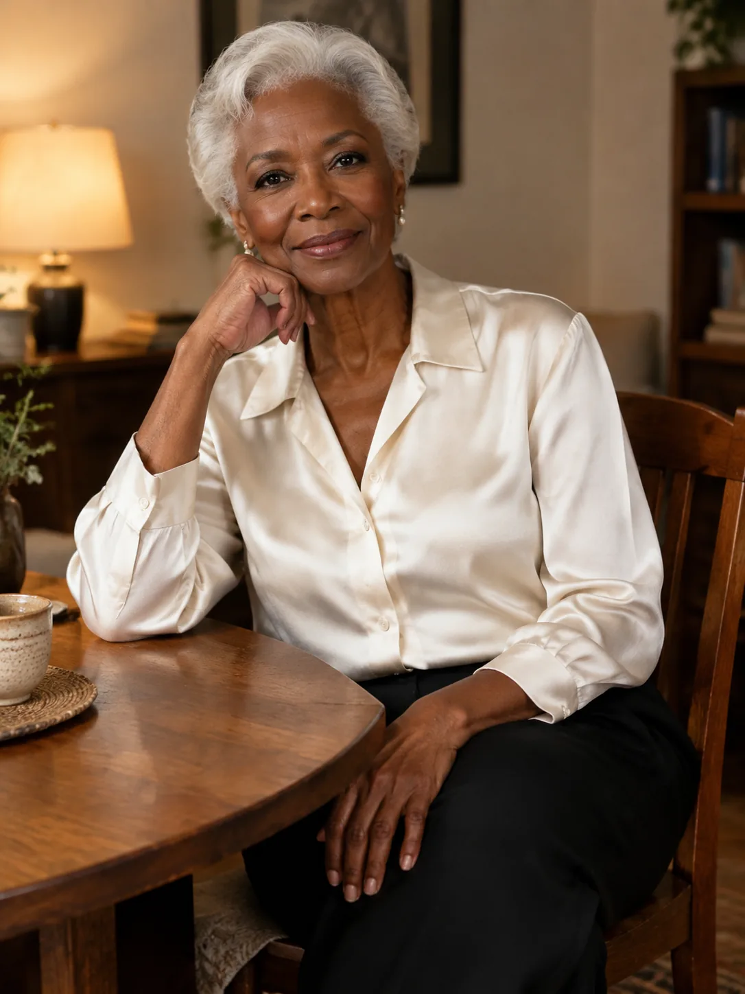 Adult woman in an ivory blouse