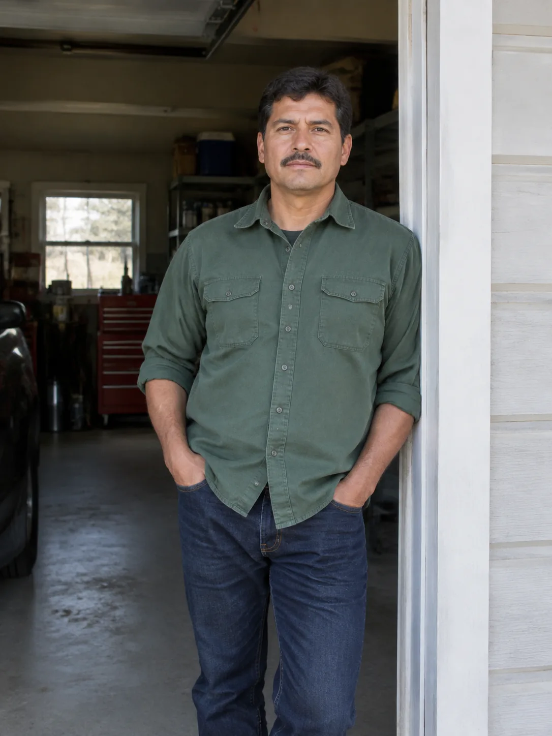 Adult man in a pine work shirt