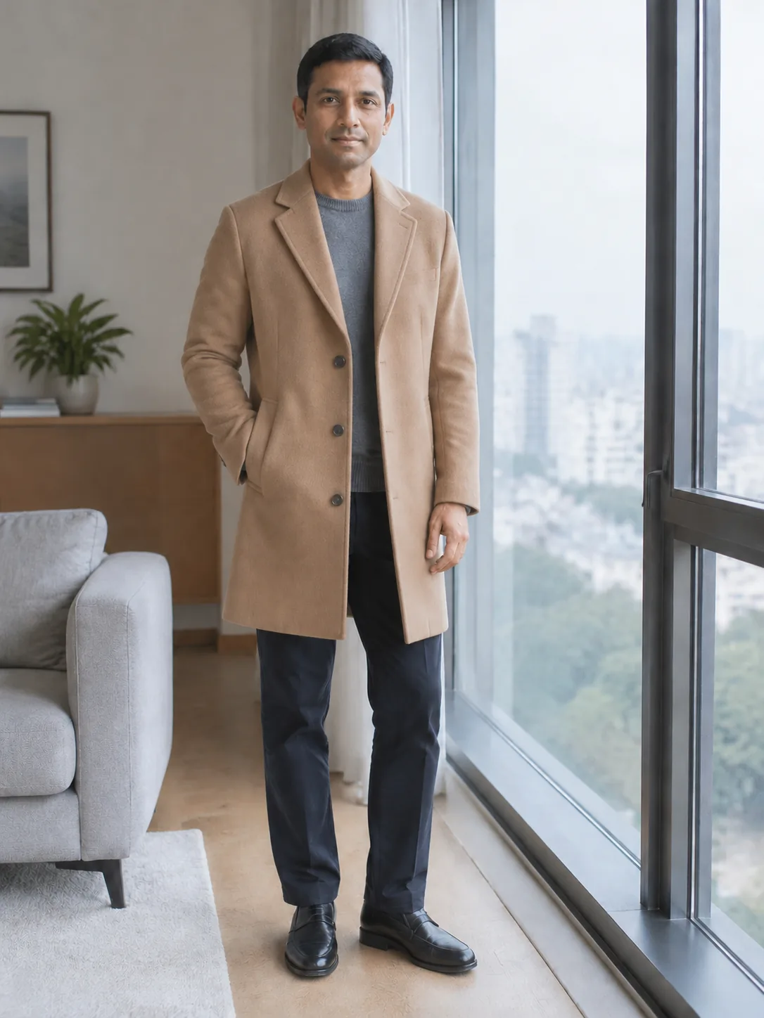 The same man wearing a camel wool coat