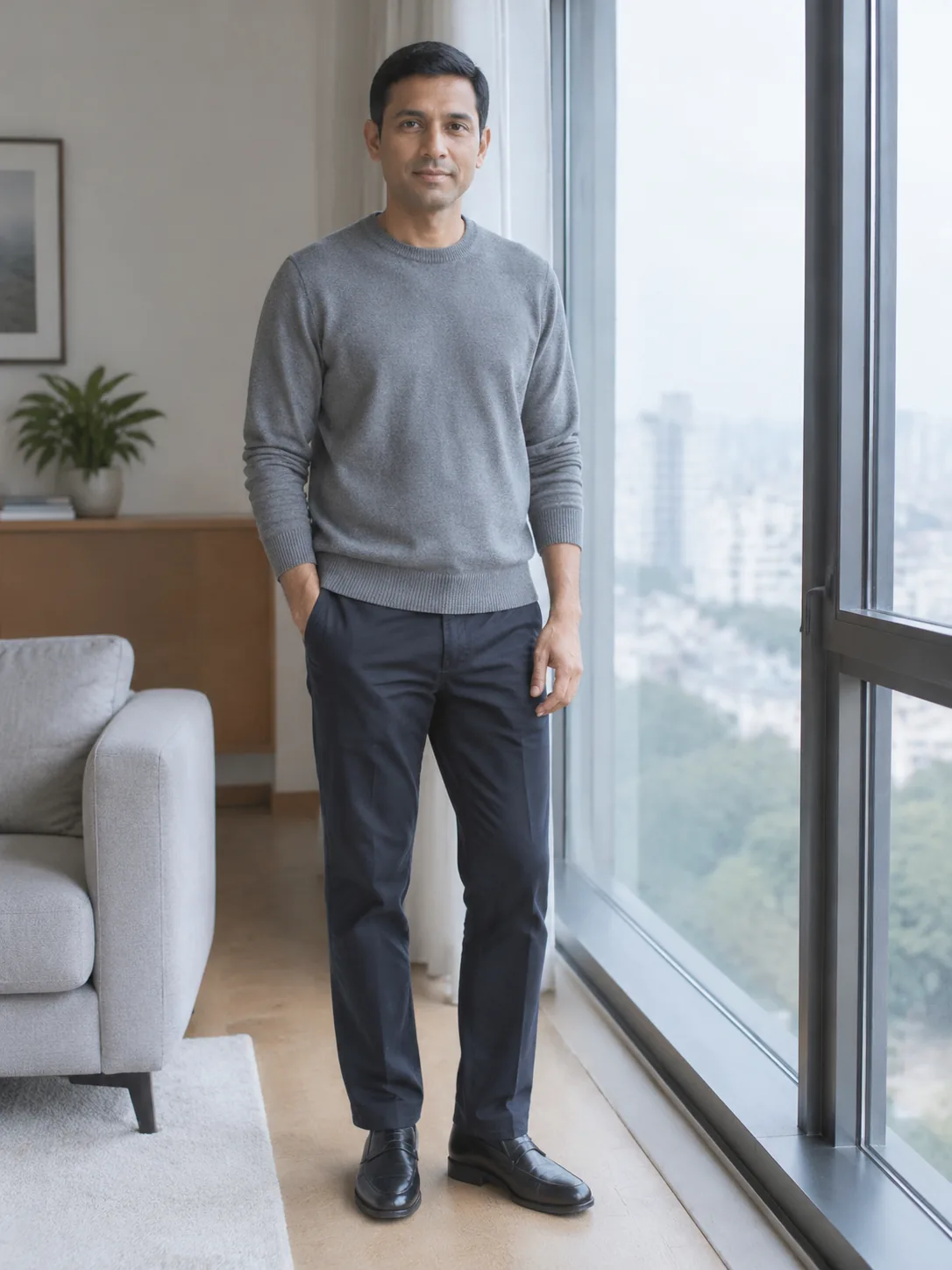 Adult man in a grey knit standing by a window