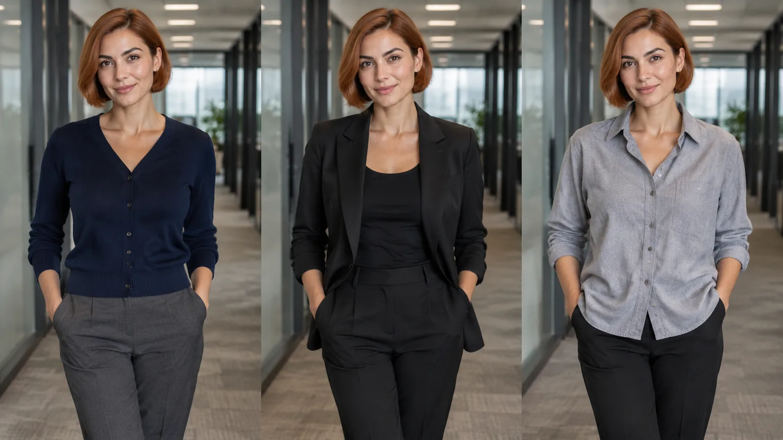 Adult woman shown in three office layers