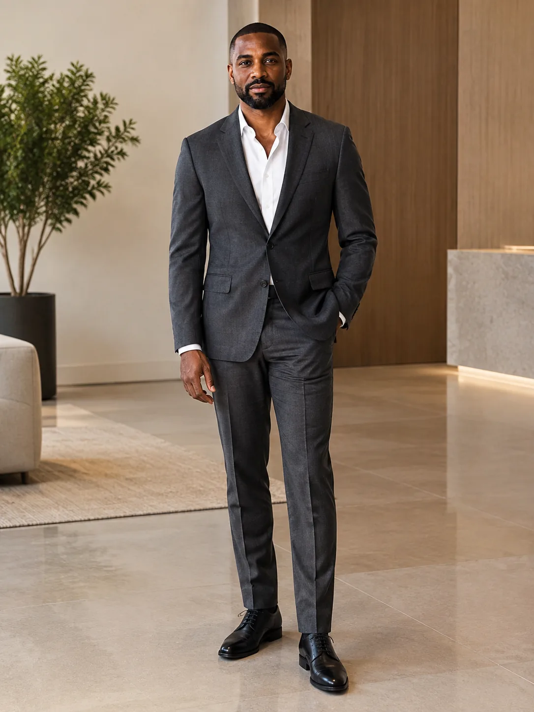 Adult man in a charcoal suit without a tie