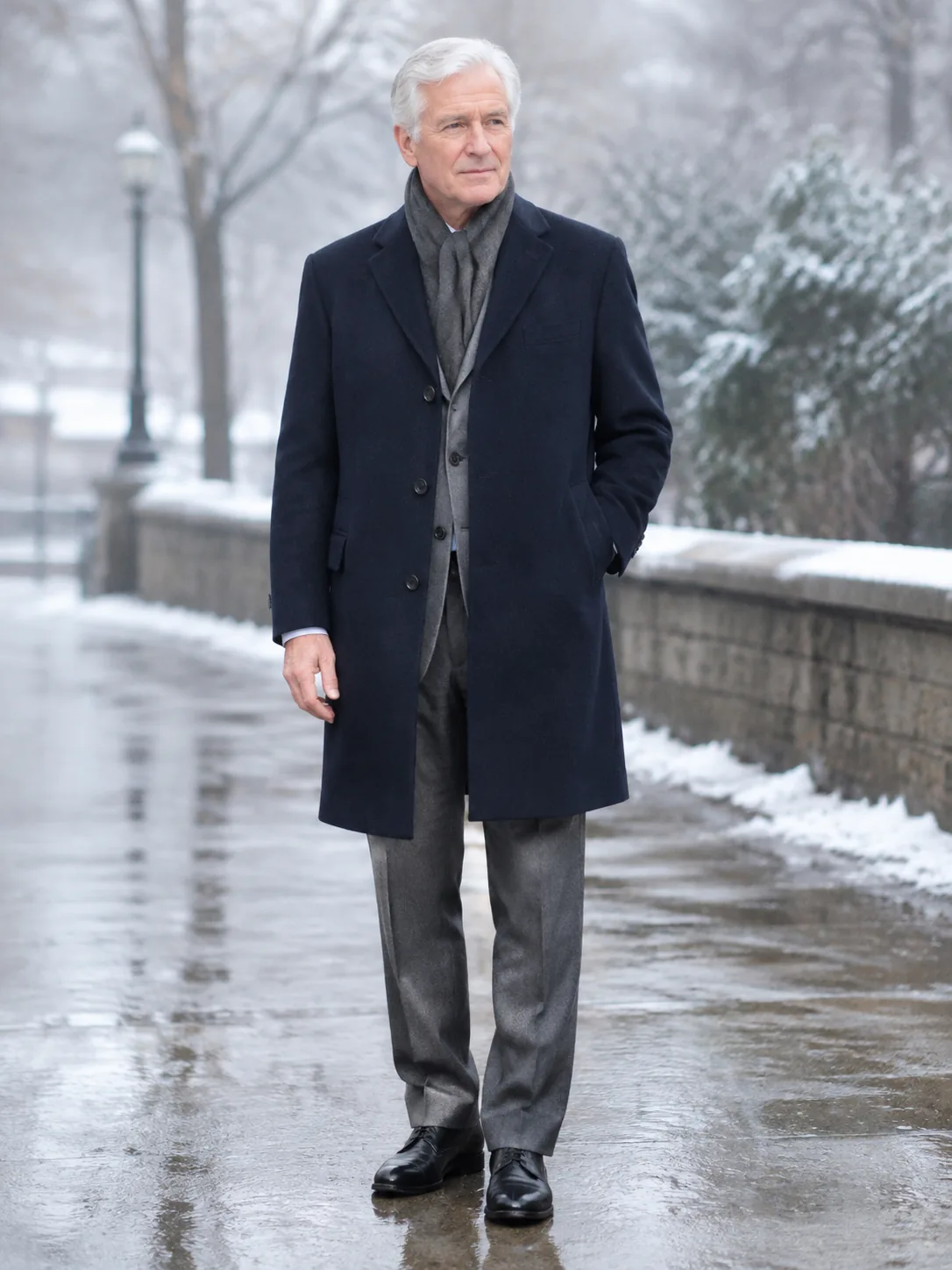 Adult man in a navy overcoat