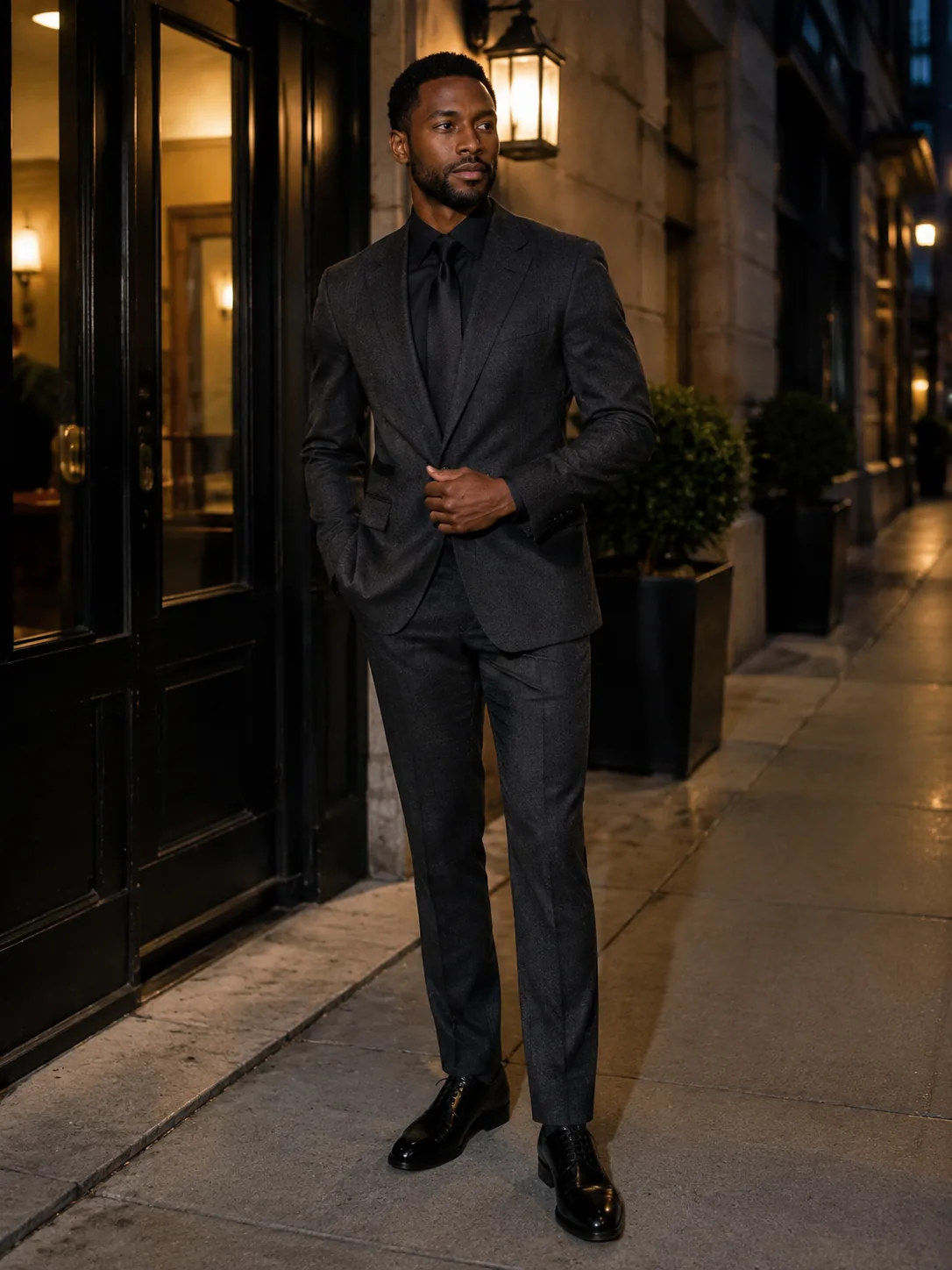 Adult man in a charcoal suit at night