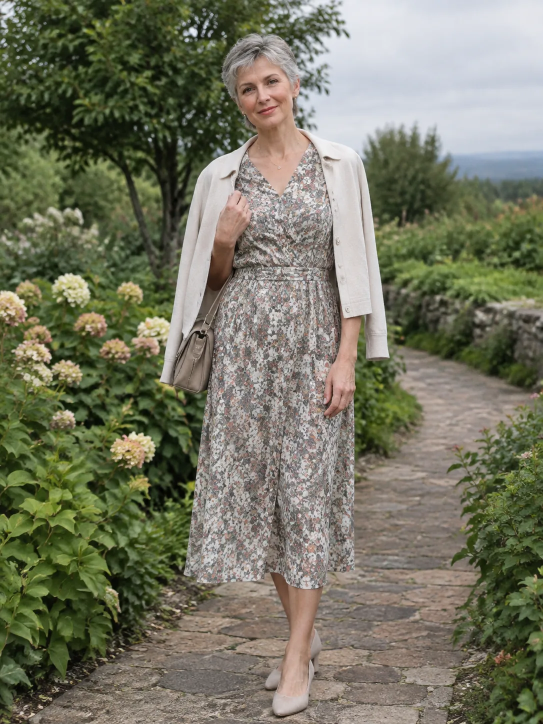 Adult woman in a floral midi at a garden