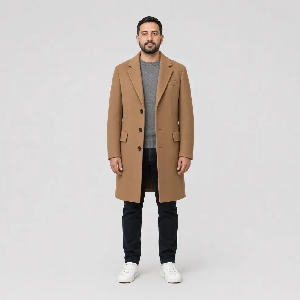 Camel coat try-on