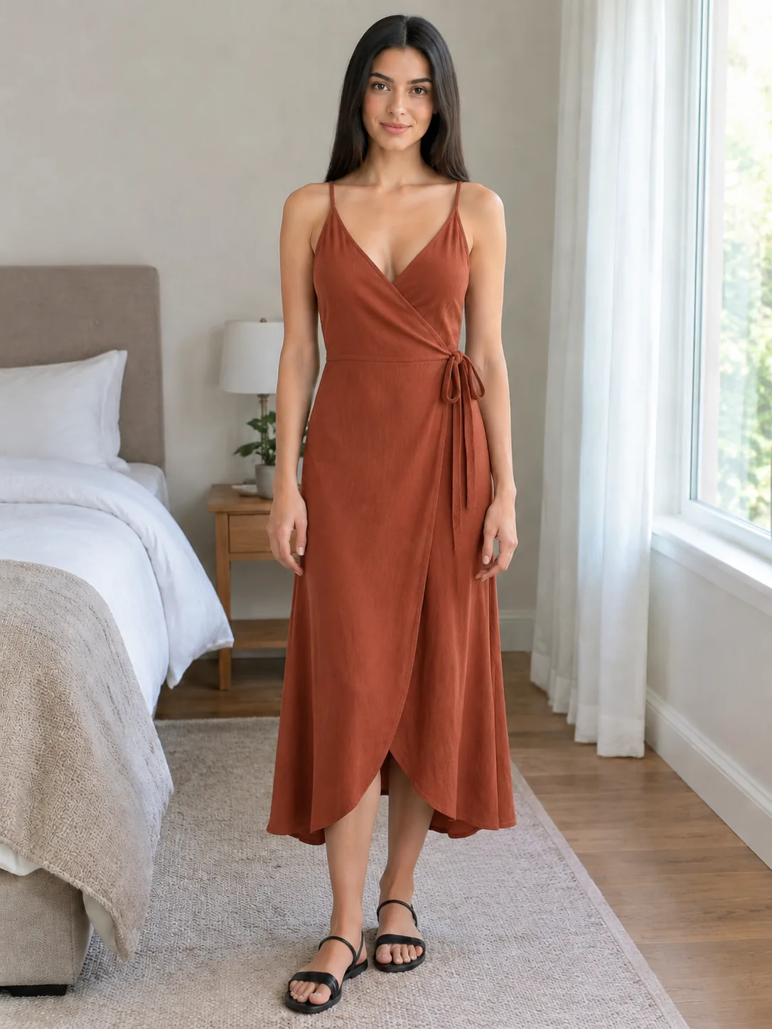 The same woman in a midi wrap dress