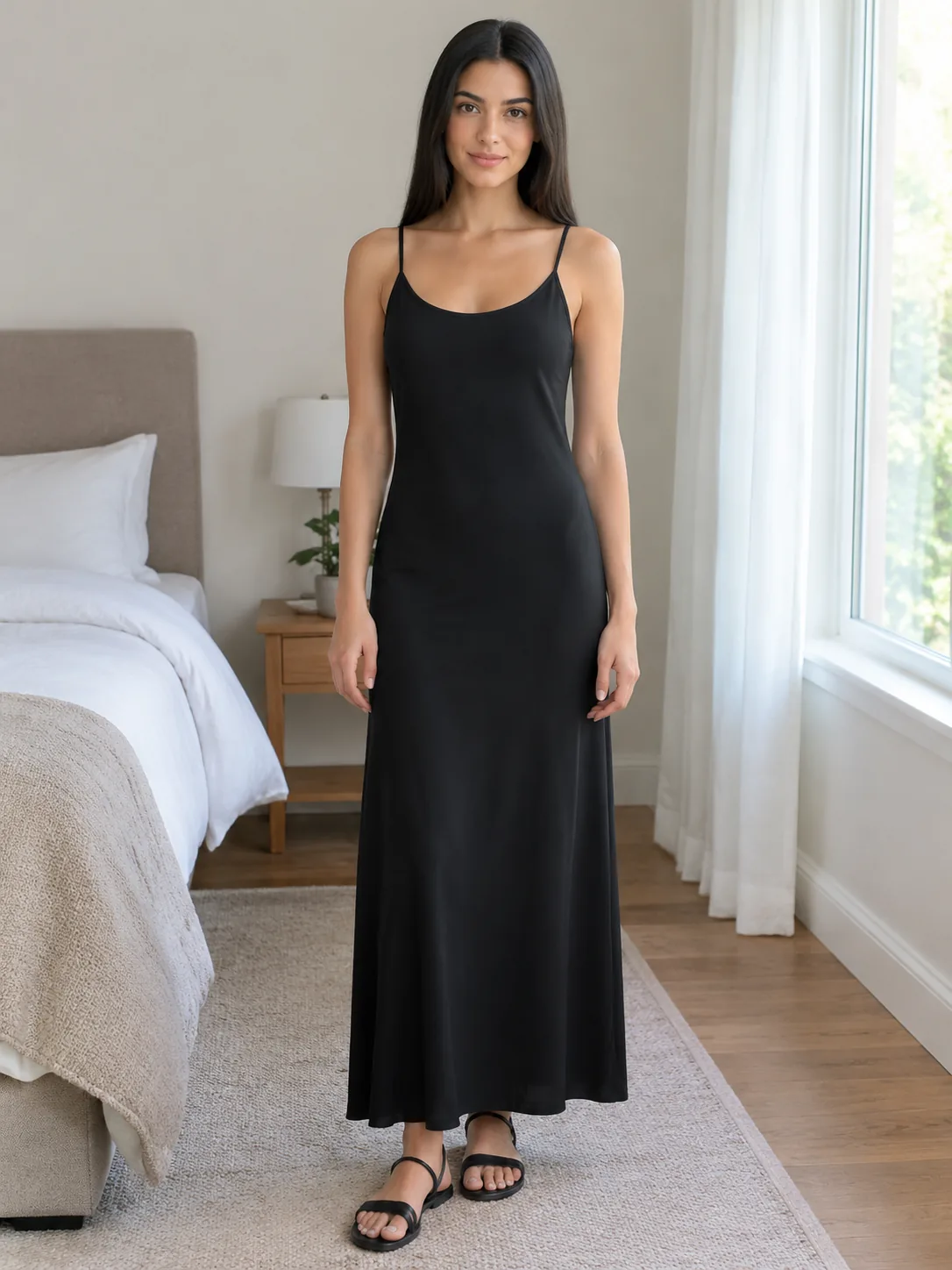 Adult woman in a simple slip dress