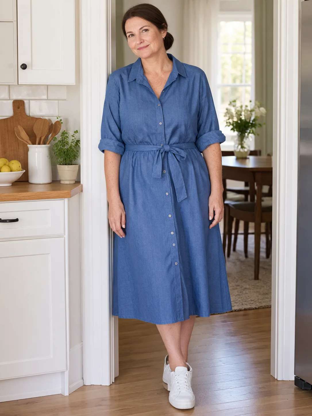 Adult woman in a blue shirt dress