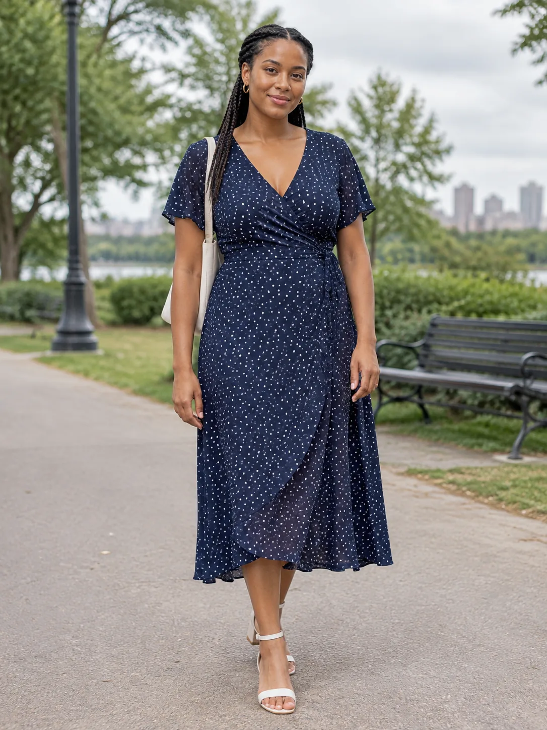 Adult woman in a printed wrap dress