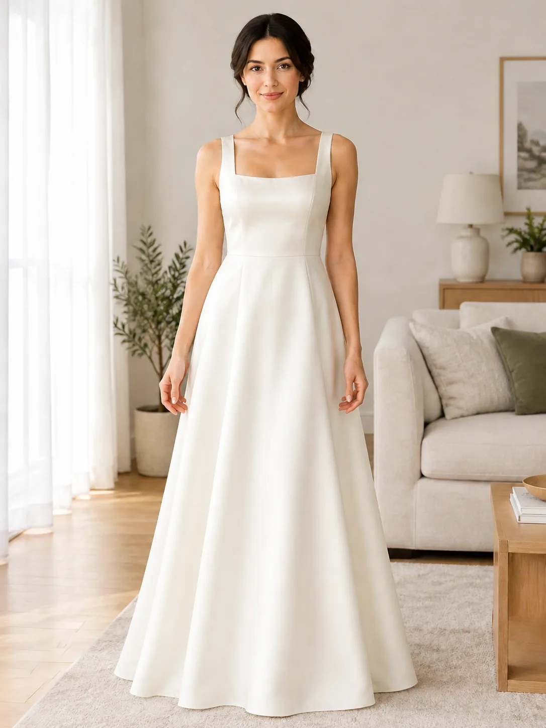 The same woman in a clean A-line gown