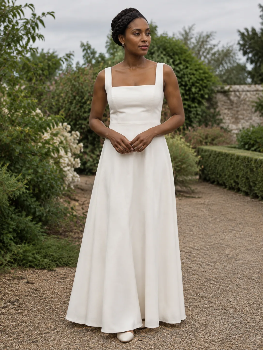 Adult bride in an A-line gown outdoors