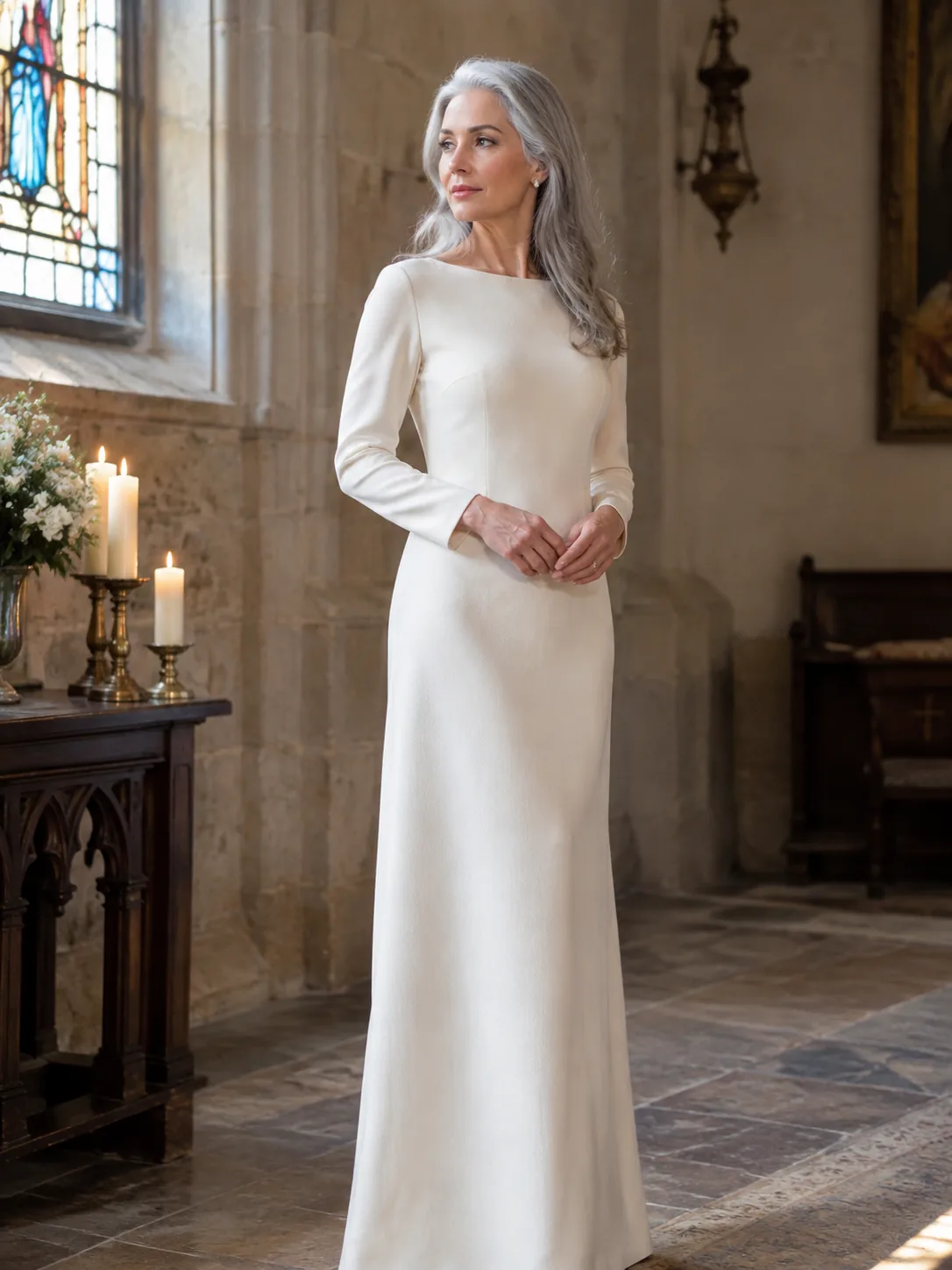 Adult bride in a long-sleeve crepe gown