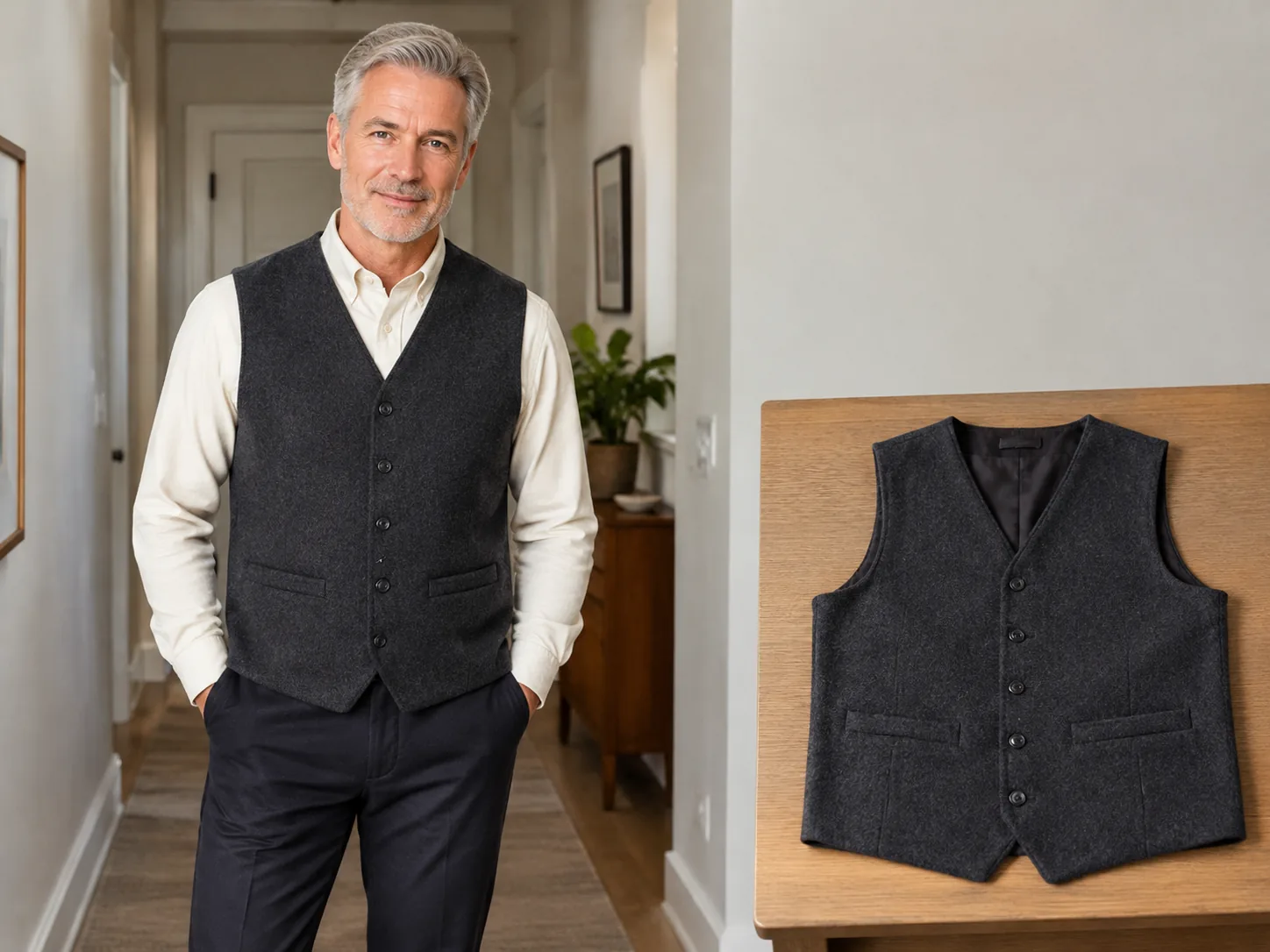 Flat lay of a wool vest next to a try-on preview