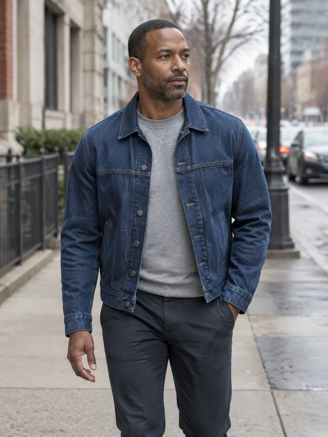 Adult man in a straight indigo jacket