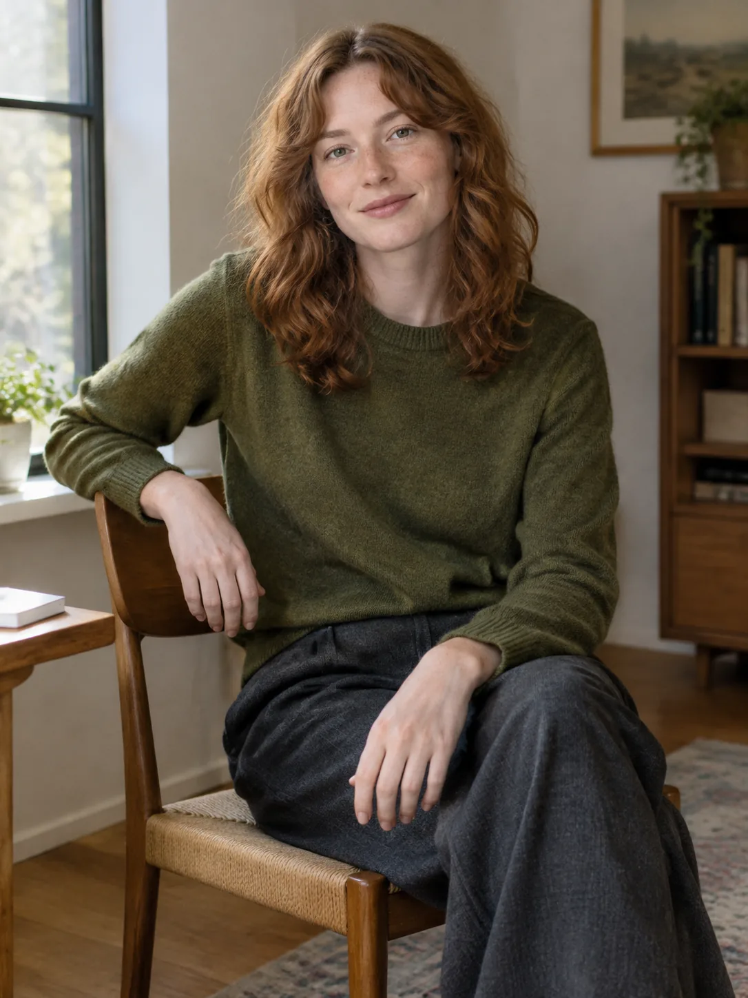 Adult person in a moss fine-gauge knit