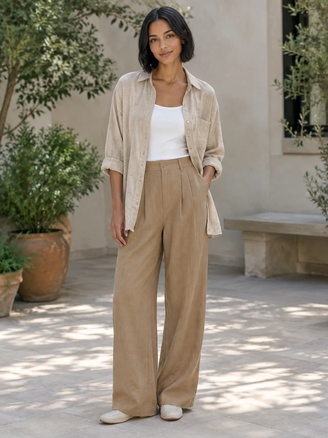 Adult woman in a sand linen overshirt
