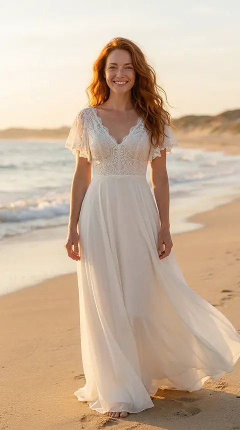 Boho Flutter-Sleeve Beach Wedding Dress
