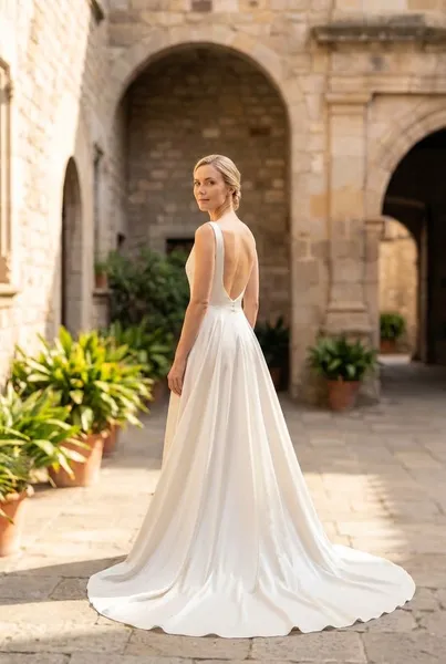 French Minimalist Backless Satin Bridal Gown