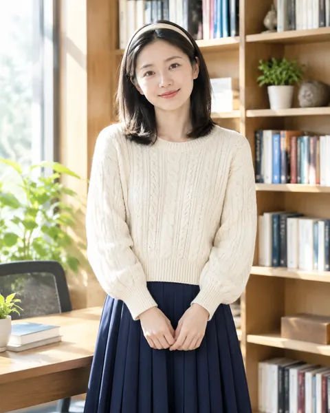 AI 老錢風女士：麻花針織配百褶裙