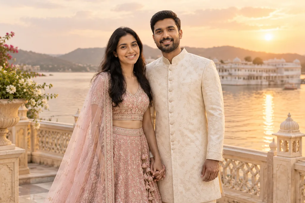 AI Pre-Wedding Photoshoot: Couple at Lake Palace