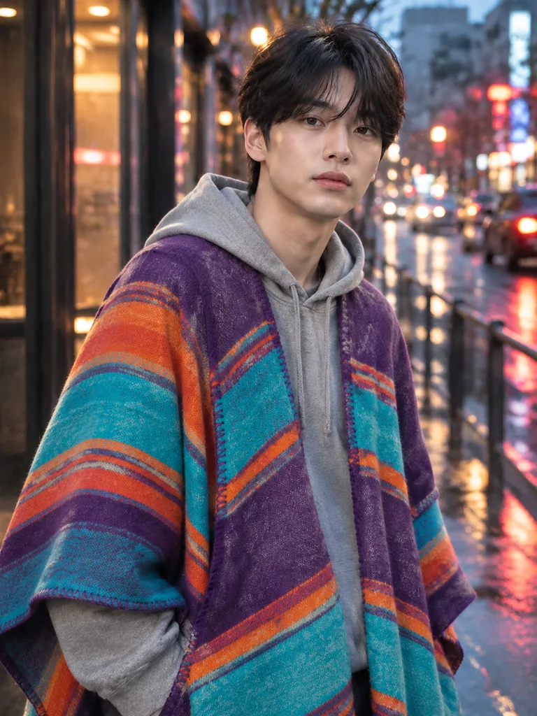 AI Striped Poncho Cape over Hoodie
