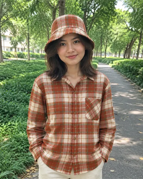 秋季格紋漁夫帽旅行造型