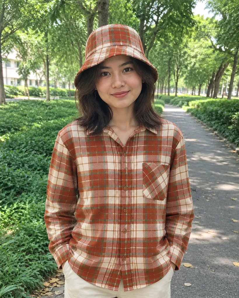 Autumn Plaid Bucket-Hat Travel Look