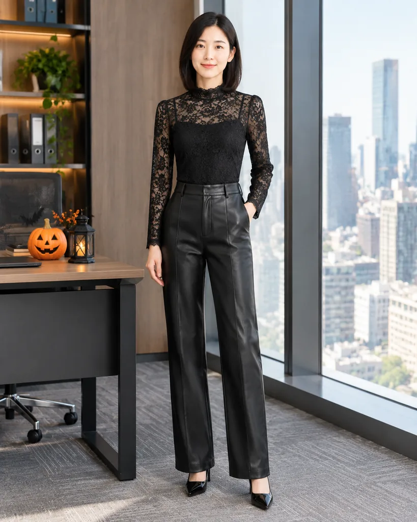 Black Lace Blouse & Leather Trousers Office Look