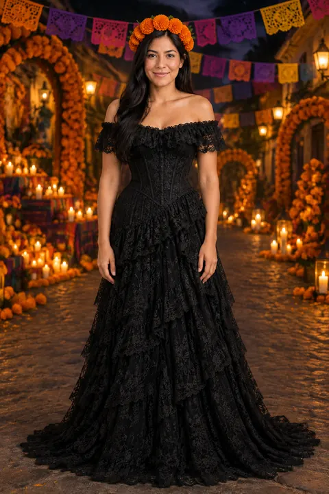 Black Lace Marigold Catrina-Inspired Gown