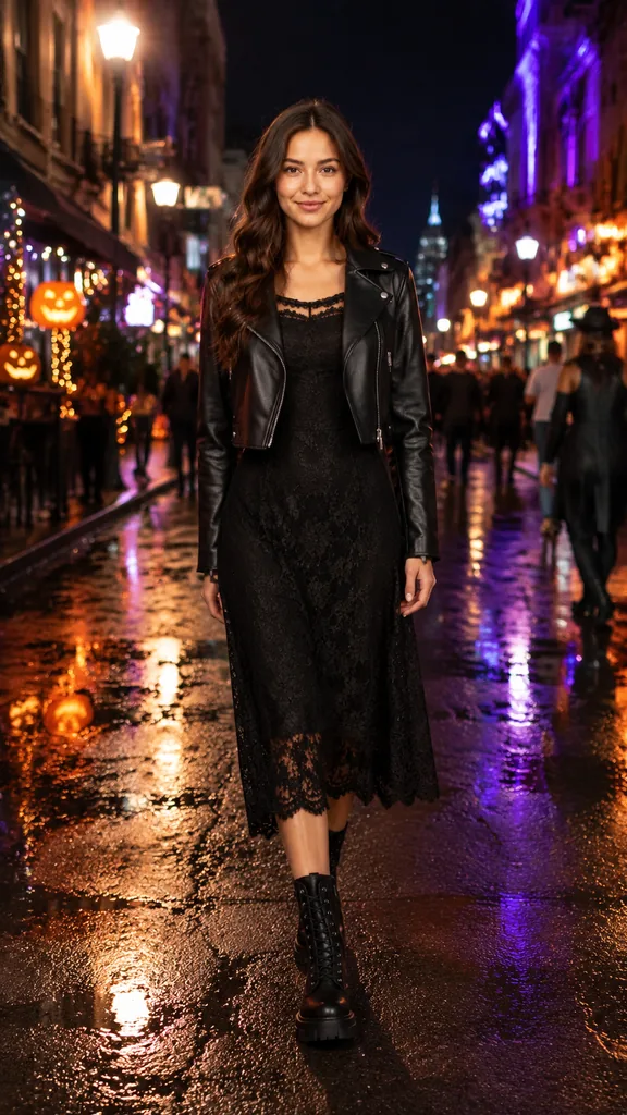 Black Lace Midi & Combat Boots City Night