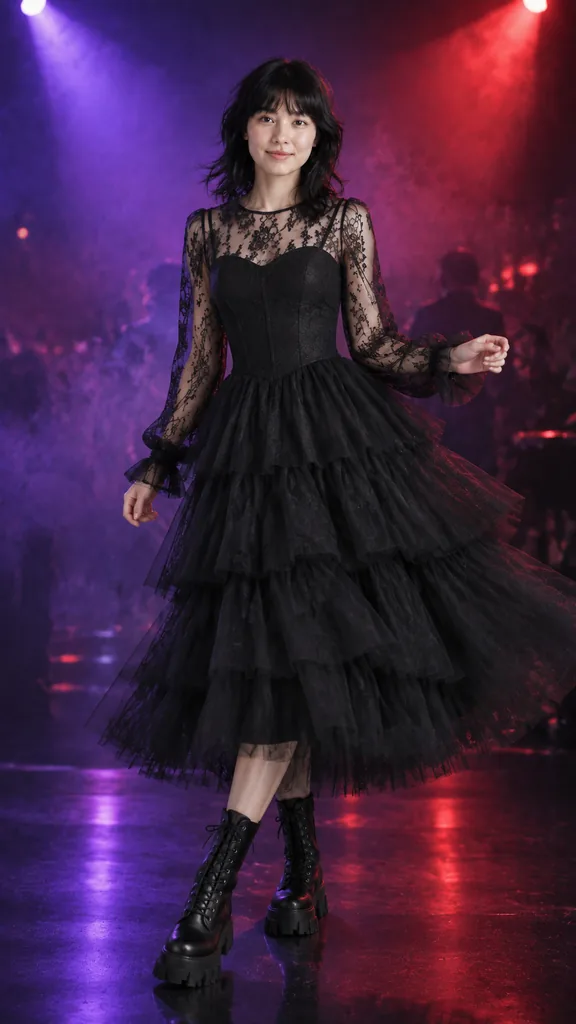 Black Tiered Tulle Gothic Dance Dress