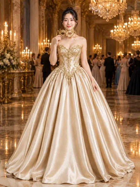 Champagne Gold Filigree Mask Ball Gown