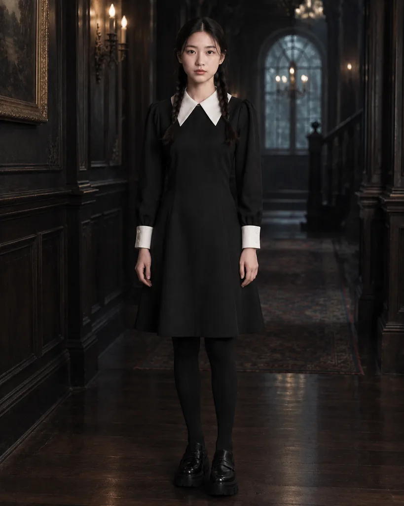 Deadpan Gothic White-Collar Dress