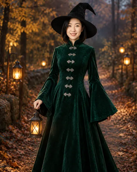Emerald Velvet Witch Coat Dress