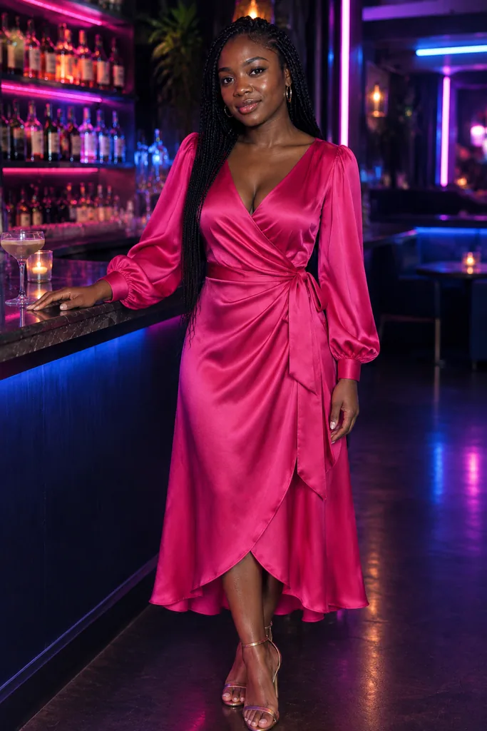Fuchsia Satin Wrap Party Dress