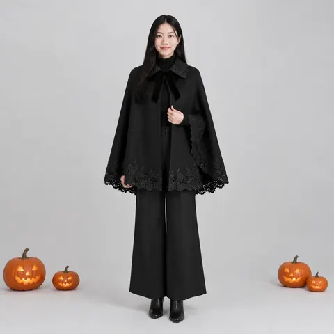 Gothic Lace-Trim Cape Coat Lookbook Model