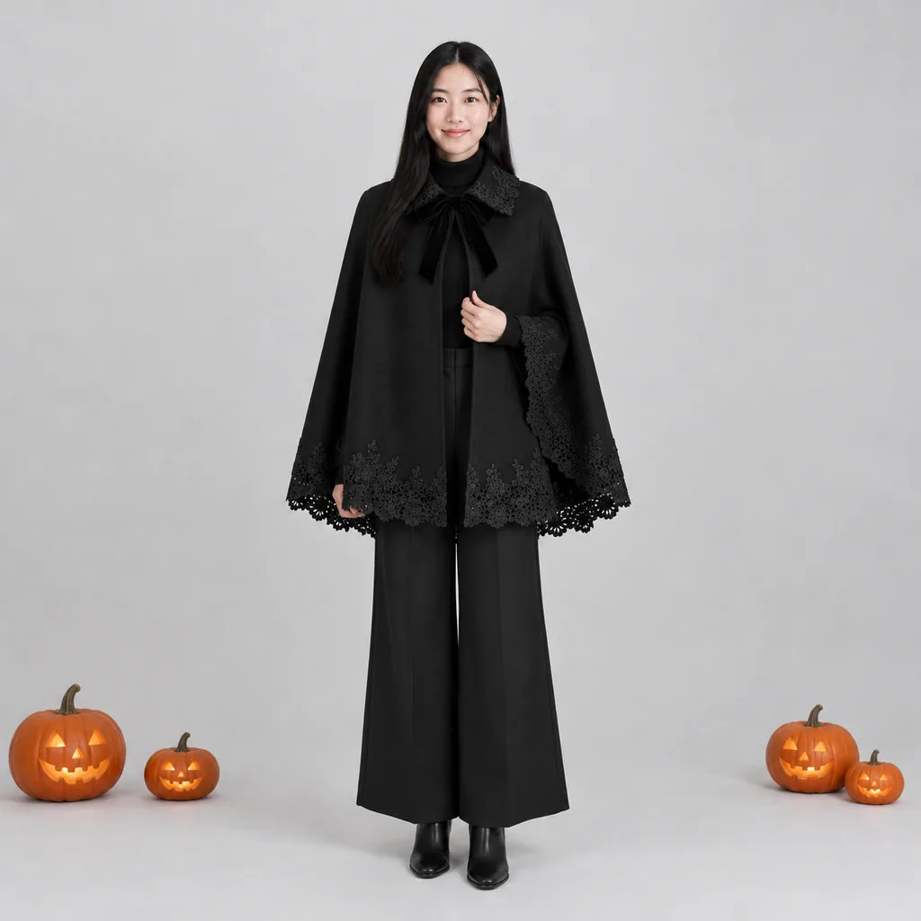 Gothic Lace-Trim Cape Coat Lookbook Model