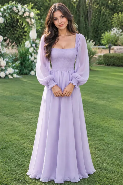 Lilac Bishop-Sleeve Wedding Guest Gown