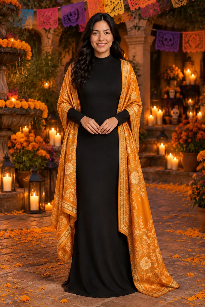 Marigold Embroidered Shawl & Black Column