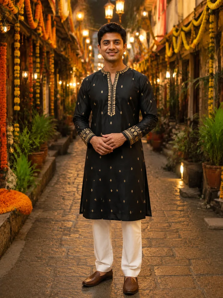 Navratri Black Embroidered Kurta Menswear