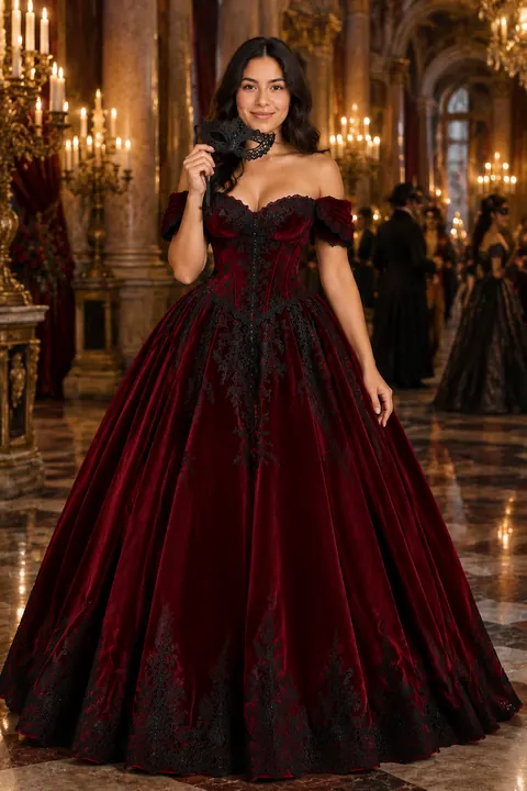 Oxblood Velvet Corset Masquerade Gown