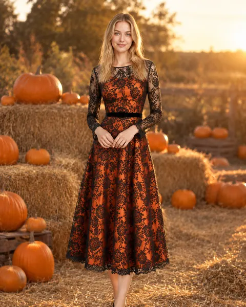 Pumpkin Orange & Black Lace Overlay Dress