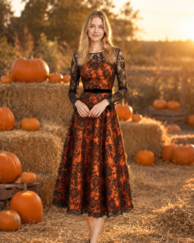 Pumpkin Orange & Black Lace Overlay Dress